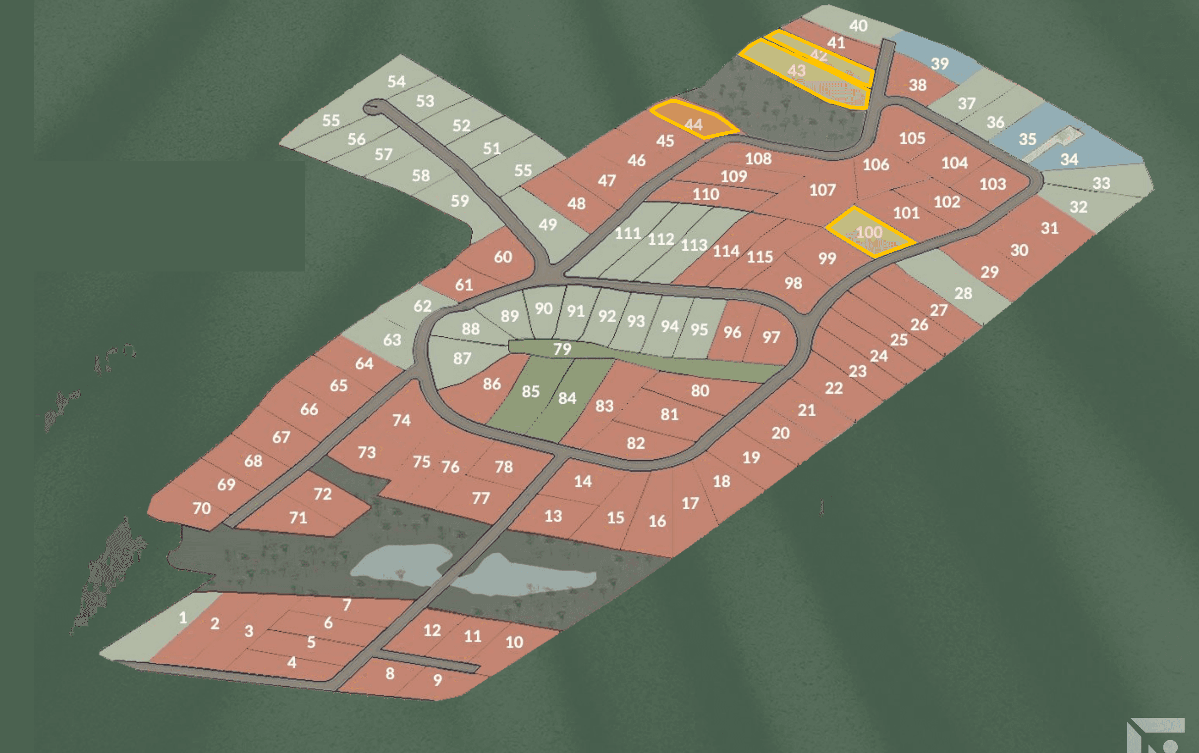 Masterplan de Cantera Real con los 4 lotes Friends & Family resaltados: 42, 43, 44 y 100