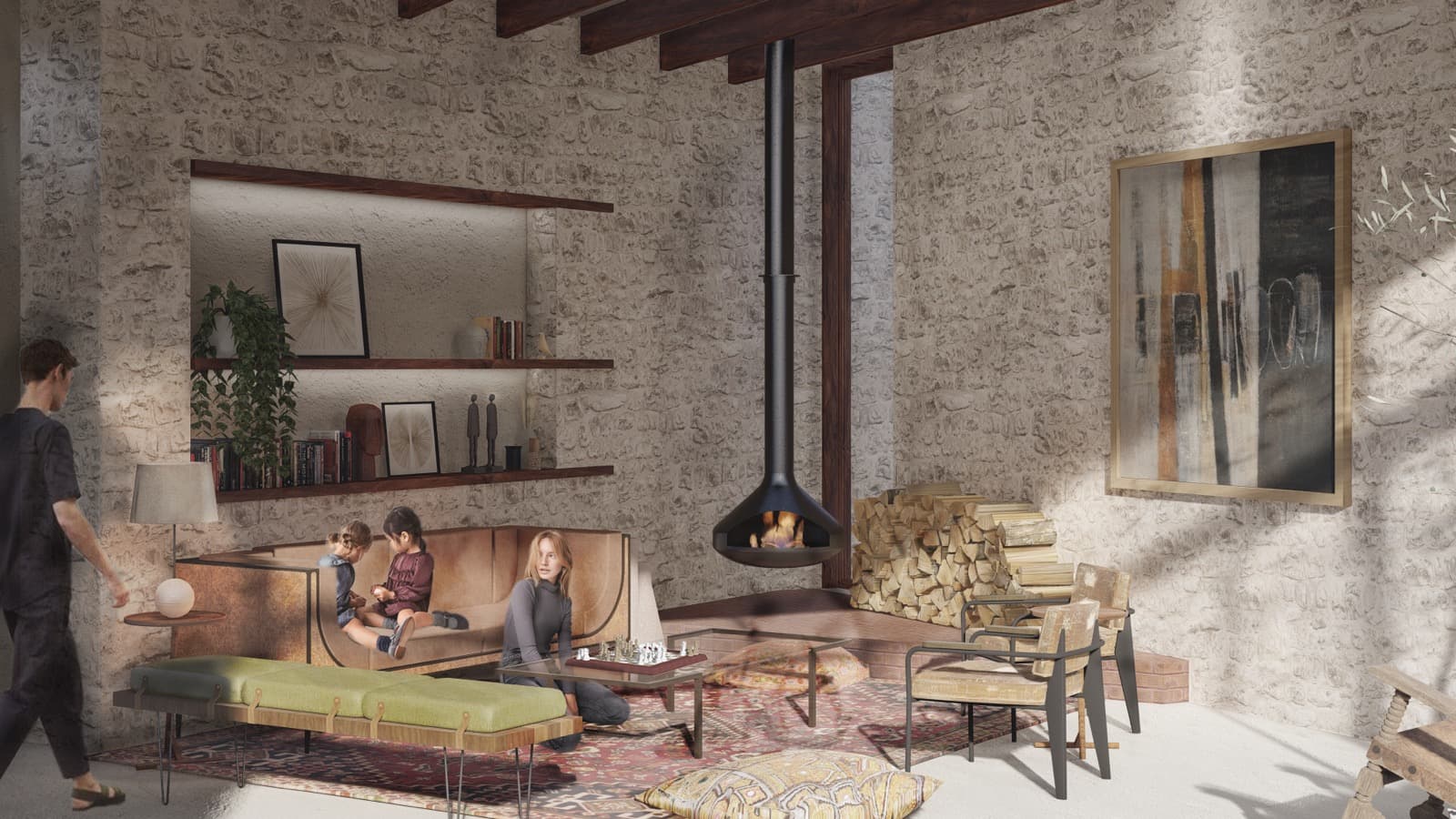 Casa club · sala con chimenea